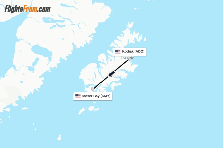 Flights from Kodiak to Moser Bay route map