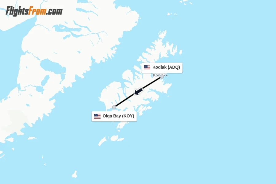 Flights from Kodiak to Olga Bay route map