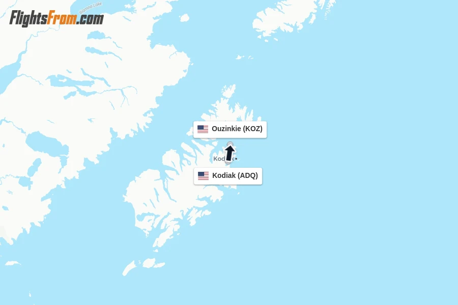 Flights from Kodiak to Ouzinkie route map