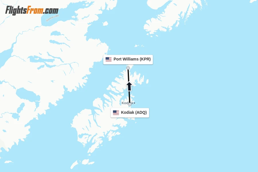 Flights from Kodiak to Port Williams route map