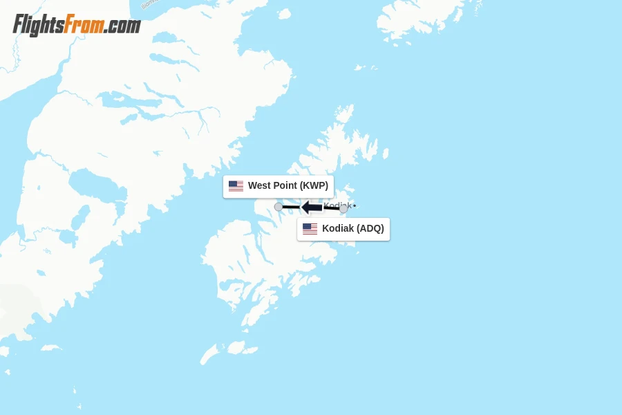 Flights from Kodiak to West Point route map