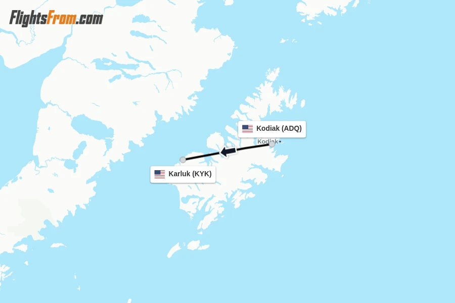 Flights from Kodiak to Karluk route map