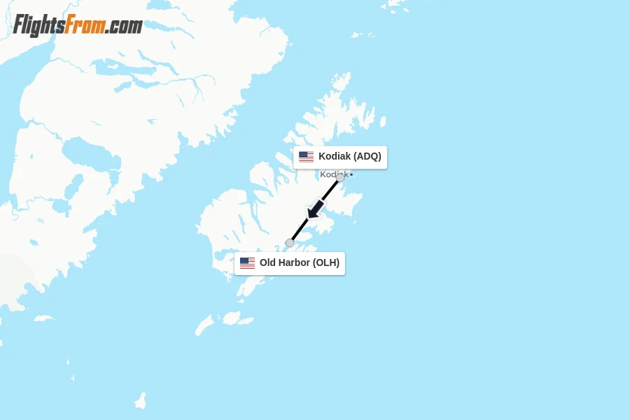 Flights from Kodiak to Old Harbor route map