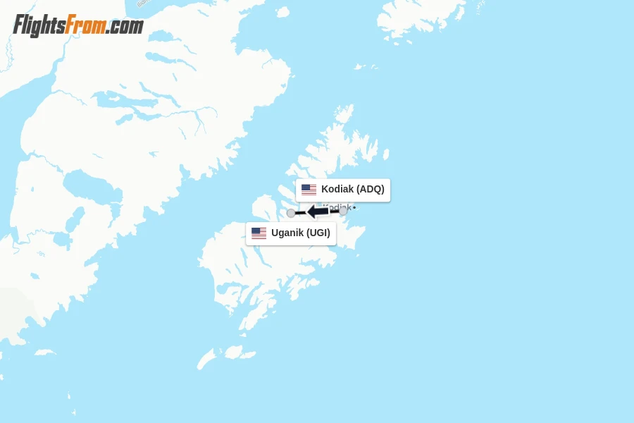 Flights from Kodiak to Uganik route map