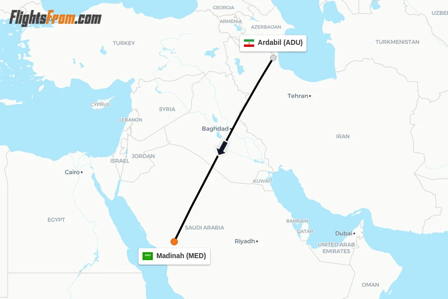 Flights from Ardabil to Madinah route map