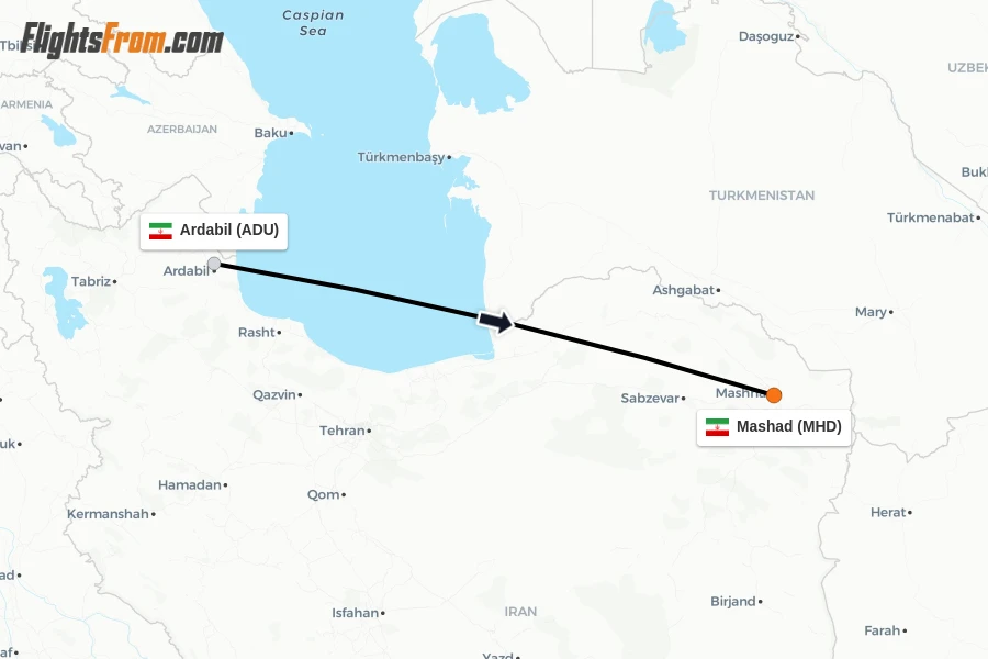 Flights from Ardabil to Mashad route map