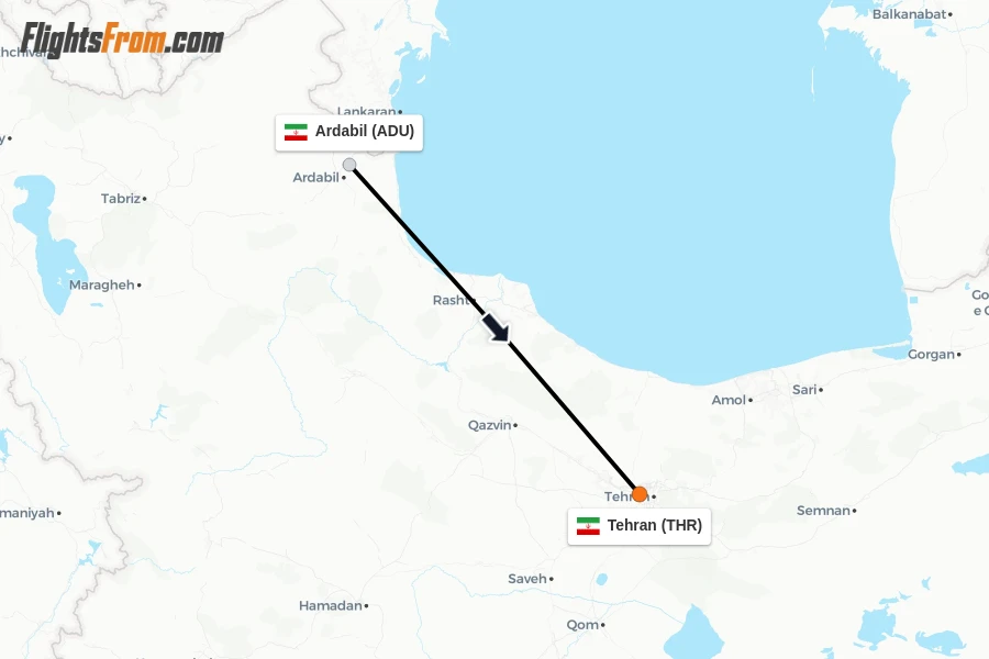 Flights from Ardabil to Tehran route map