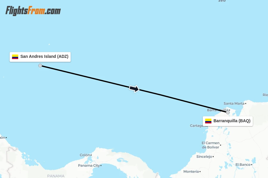 Flights from San Andres Island to Barranquilla route map