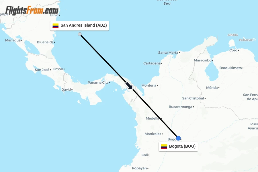 Flights from San Andres Island to Bogota route map