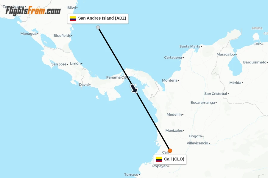 Flights from San Andres Island to Cali route map