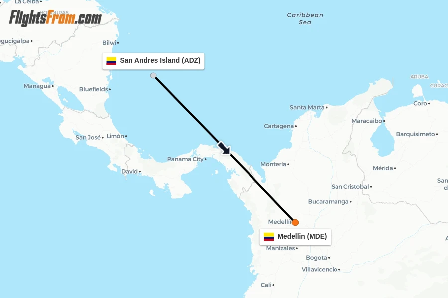 Flights from San Andres Island to Medellin route map