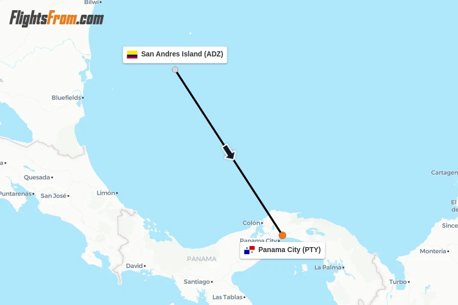 Flights from San Andres Island to Panama City route map