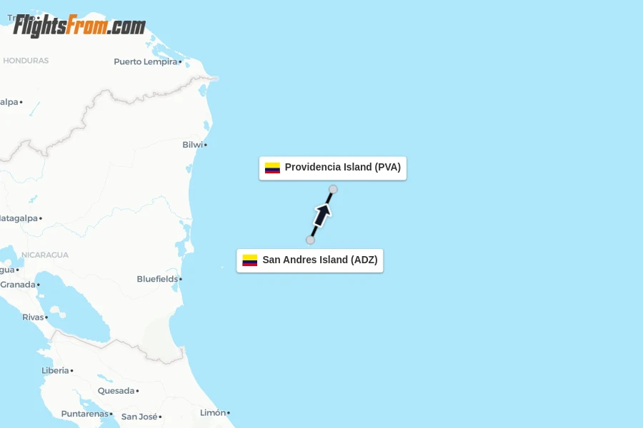 Flights from San Andres Island to Providencia Island route map