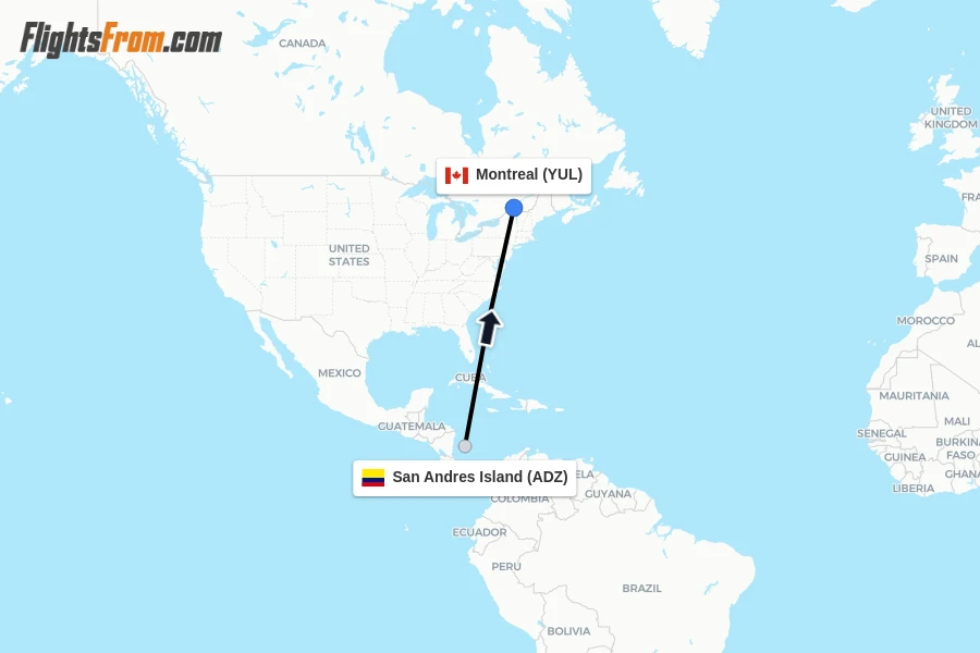Flights from San Andres Island to Montreal route map