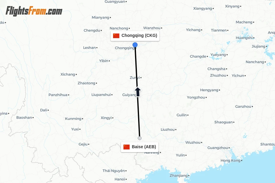 Flights from Baise to Chongqing route map