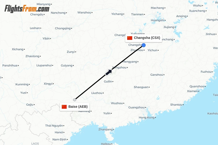 Flights from Baise to Changsha route map