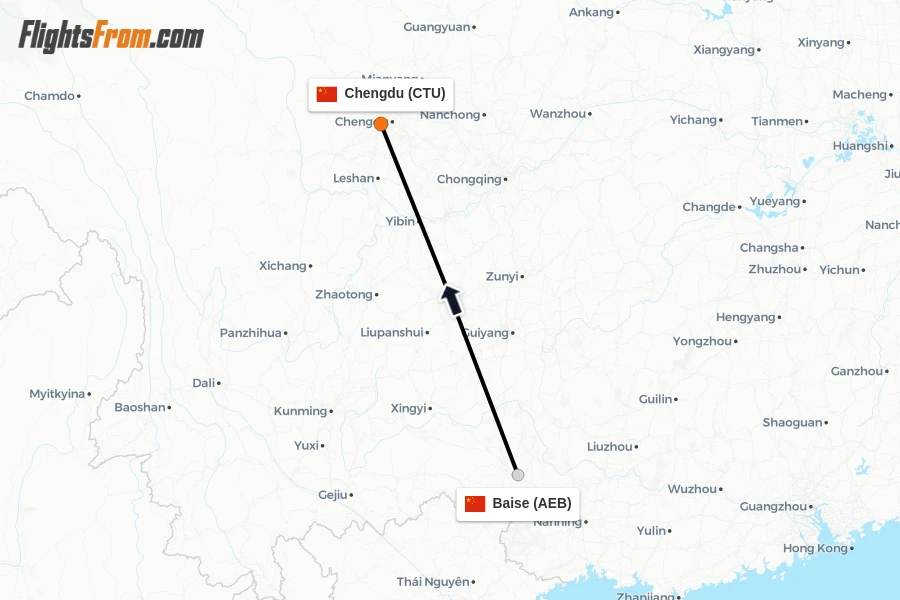 Flights from Baise to Chengdu route map