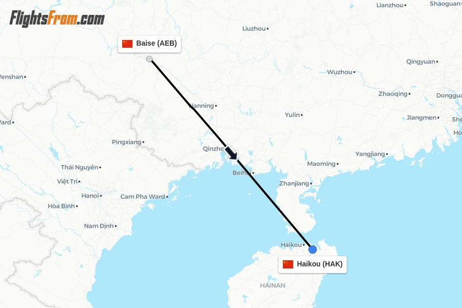 Flights from Baise to Haikou route map