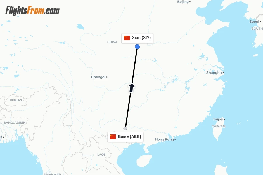 Flights from Baise to Xian route map