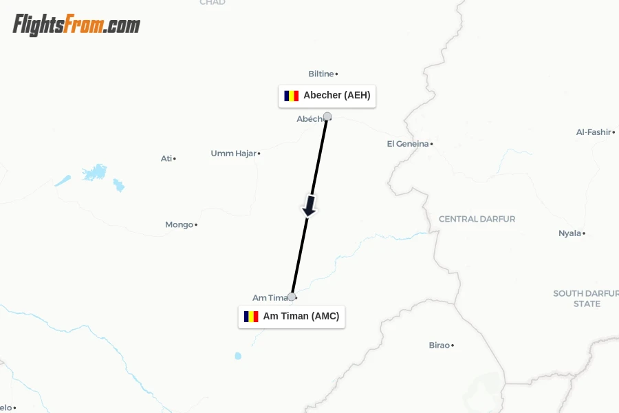 Flights from Abecher to Am Timan route map