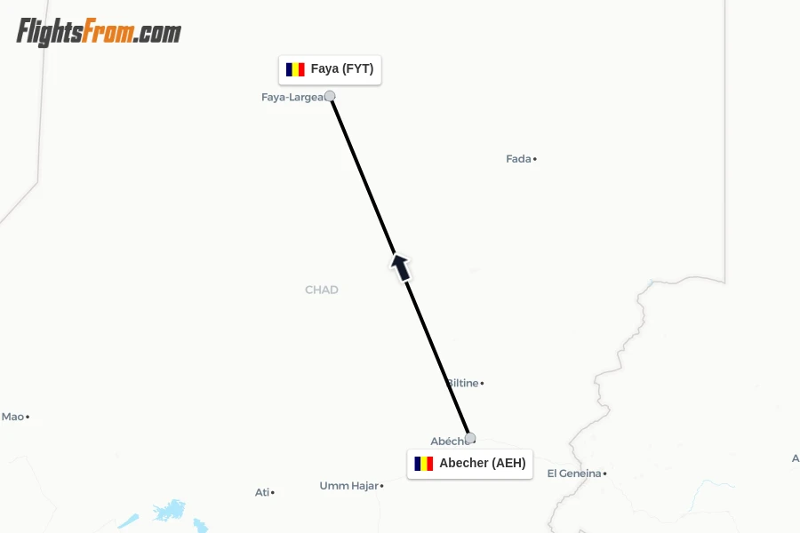 Flights from Abecher to Faya route map