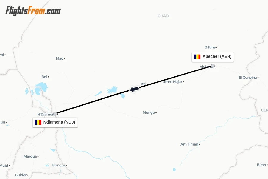 Flights from Abecher to Ndjamena route map