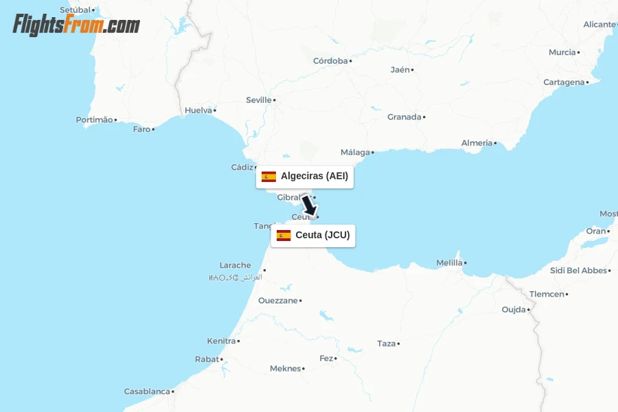 Flights from Algeciras to Ceuta route map