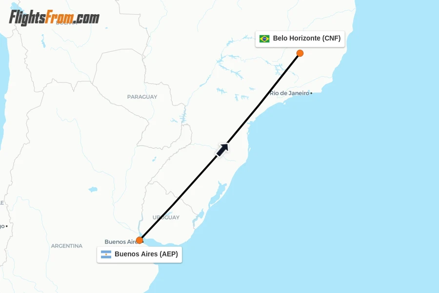 Flights from Buenos Aires to Belo Horizonte route map