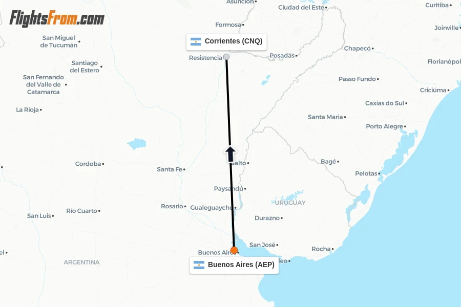 Flights from Buenos Aires to Corrientes route map