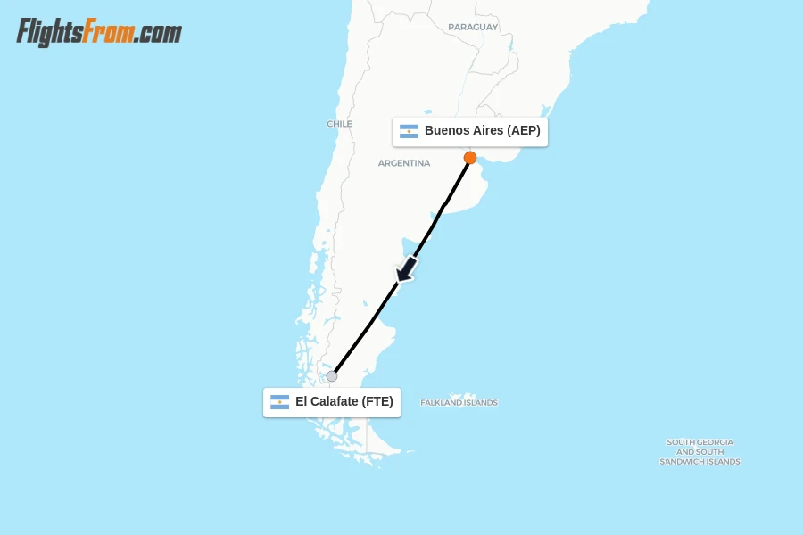 Flights from Buenos Aires to El Calafate route map