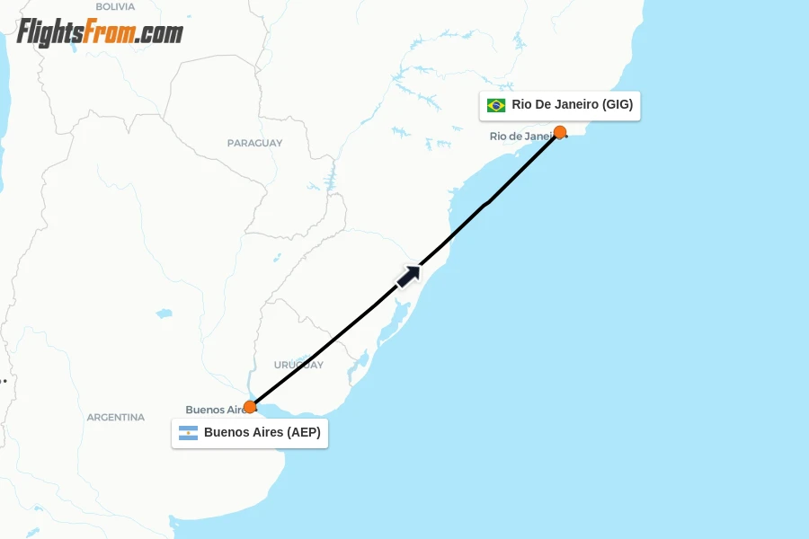 Flights from Buenos Aires to Rio De Janeiro route map