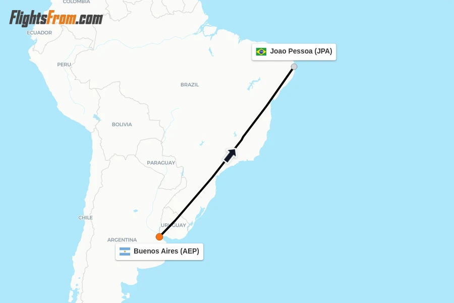 Flights from Buenos Aires to Joao Pessoa route map