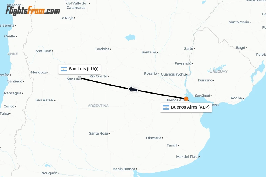 Flights from Buenos Aires to San Luis route map