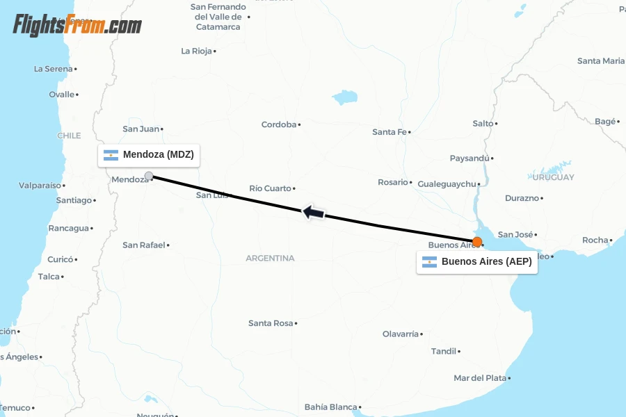 Flights from Buenos Aires to Mendoza route map