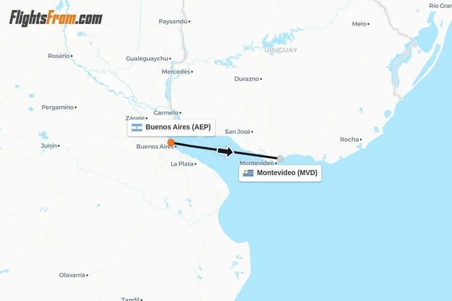 Flights from Buenos Aires to Montevideo route map