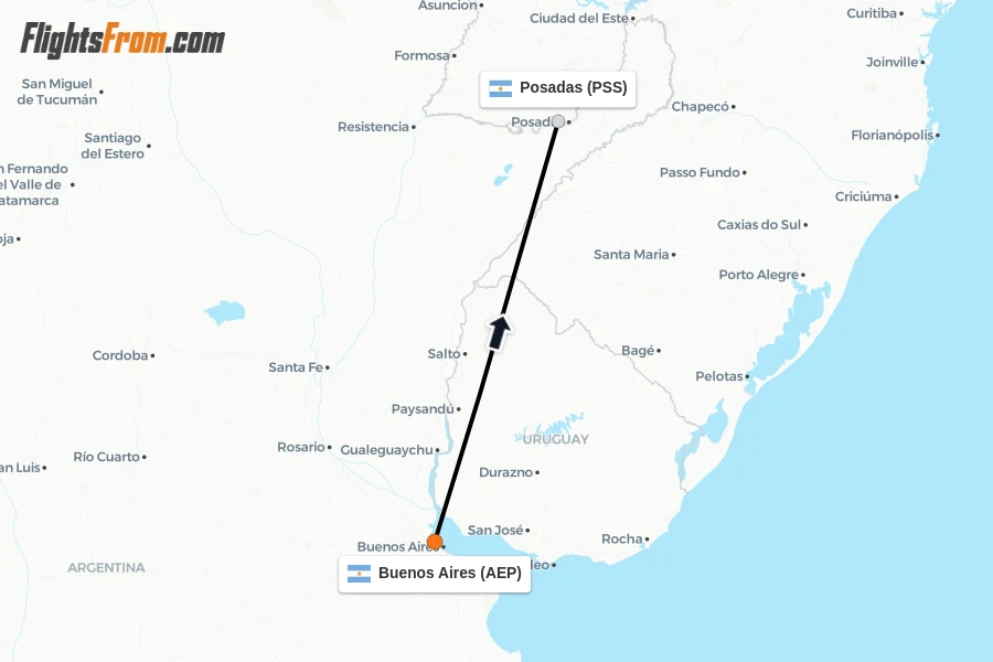 Flights from Buenos Aires to Posadas route map