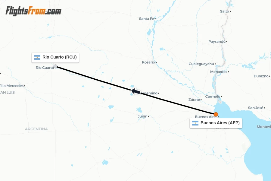 Flights from Buenos Aires to Rio Cuarto route map