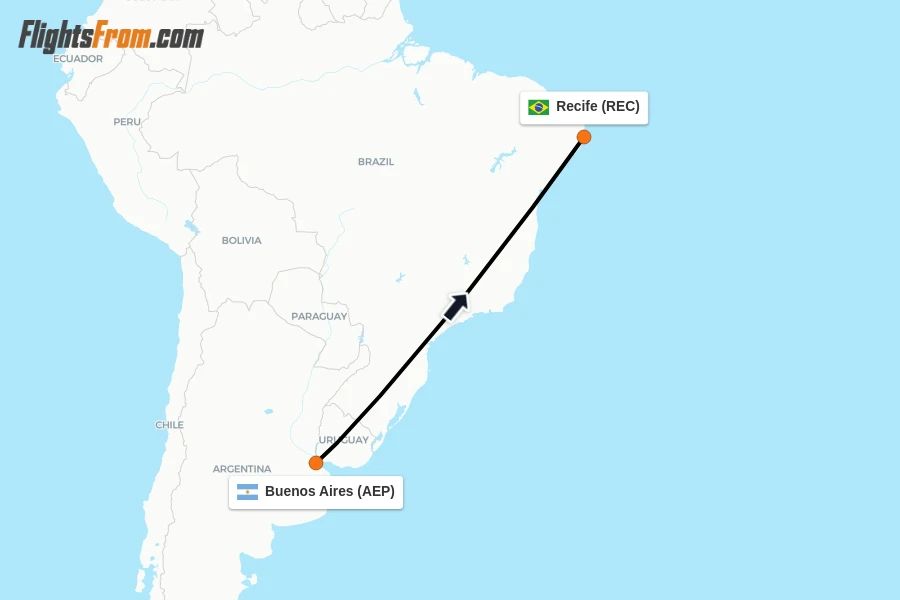 Flights from Buenos Aires to Recife route map