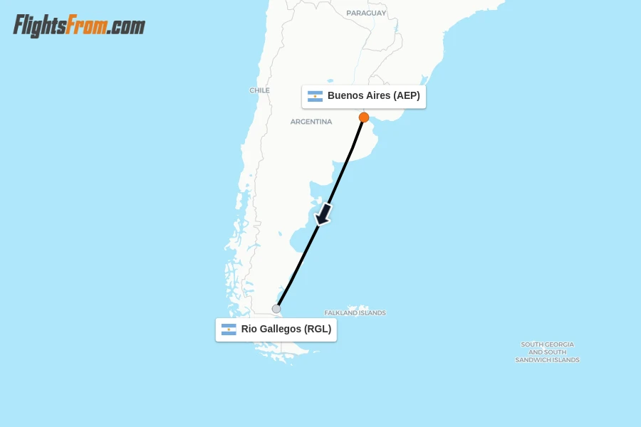 Flights from Buenos Aires to Rio Gallegos route map