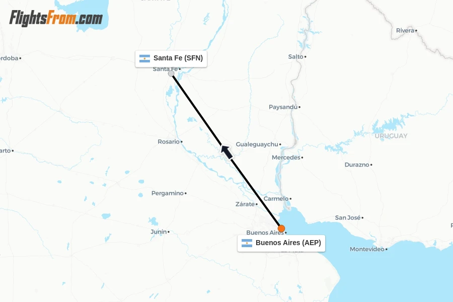 Flights from Buenos Aires to Santa Fe route map