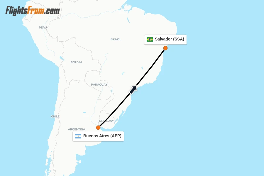 Flights from Buenos Aires to Salvador route map