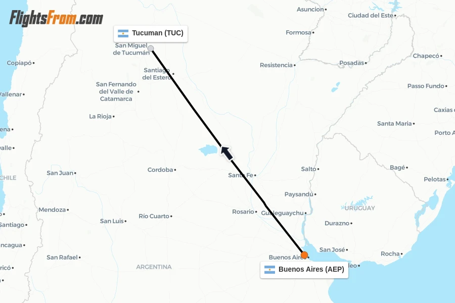 Flights from Buenos Aires to Tucuman route map