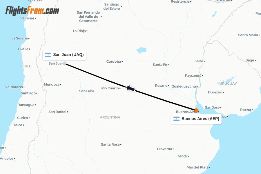 Flights from Buenos Aires to San Juan route map