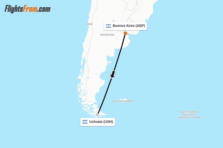 Flights from Buenos Aires to Ushuaia route map