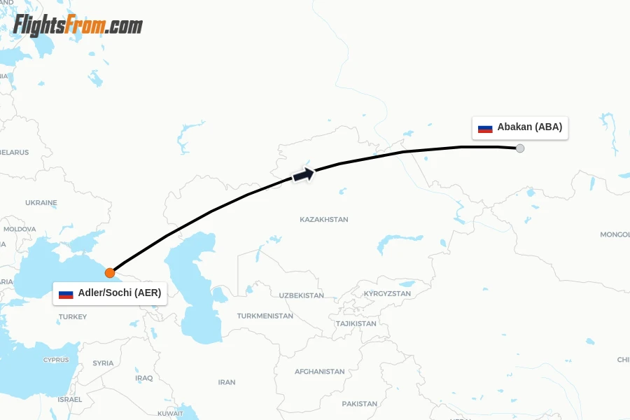 Flights from Adler/Sochi to Abakan route map