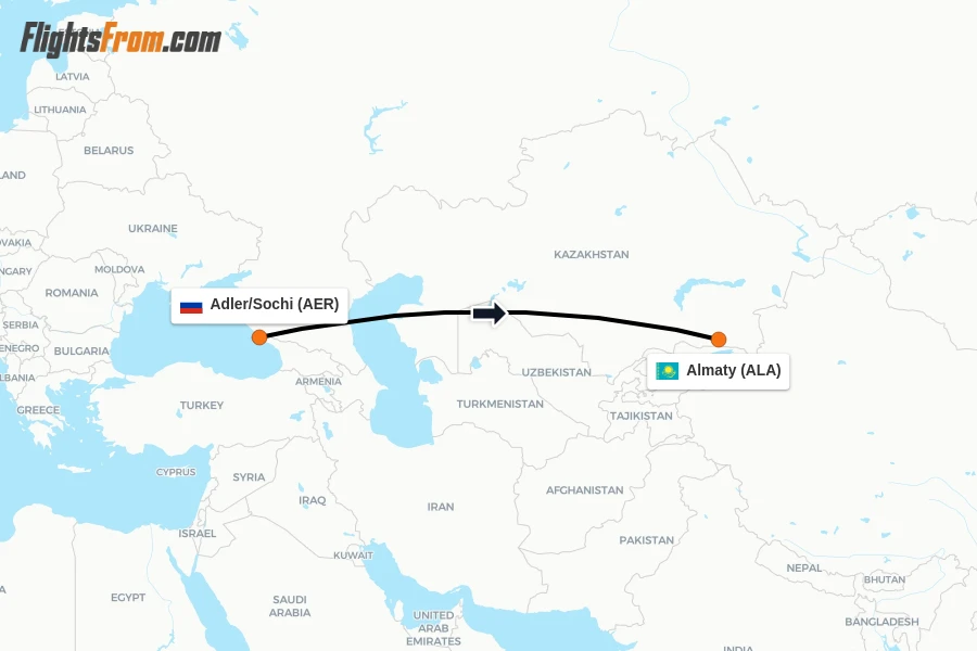 Flights from Adler/Sochi to Almaty route map