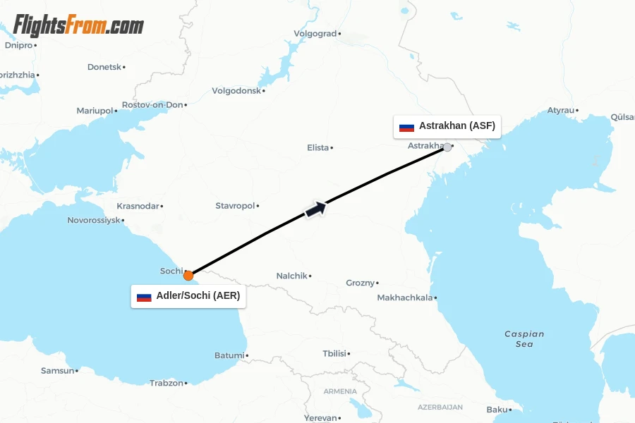 Flights from Adler/Sochi to Astrakhan route map