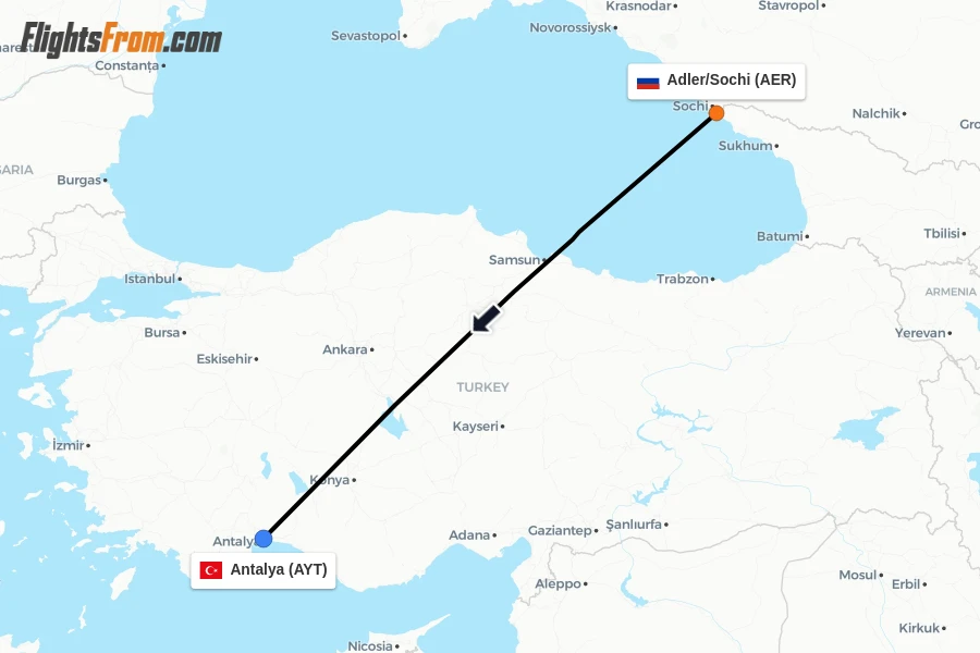 Flights from Adler/Sochi to Antalya route map
