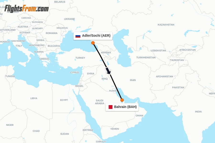 Flights from Adler/Sochi to Bahrain route map