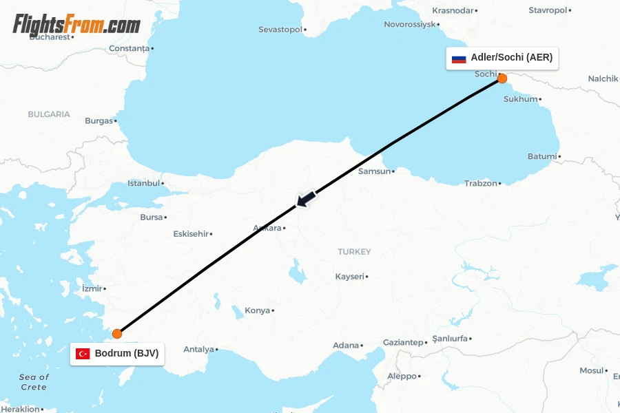 Flights from Adler/Sochi to Bodrum route map